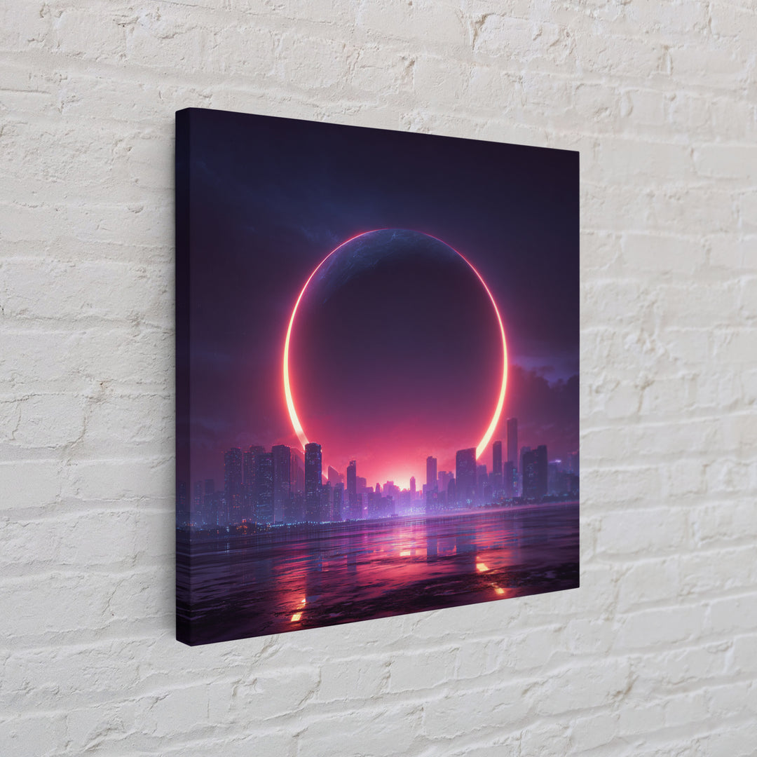 Futuristic Eclipse Cityscape Canvas Print, Neon Sci Fi Wall Art, Cyberpunk Skyline Decor For Gaming Room Or Modern Office