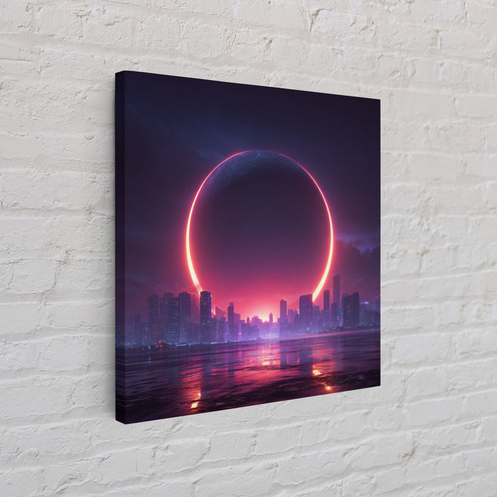 Futuristic Eclipse Cityscape Canvas Print, Neon Sci Fi Wall Art, Cyberpunk Skyline Decor For Gaming Room Or Modern Office