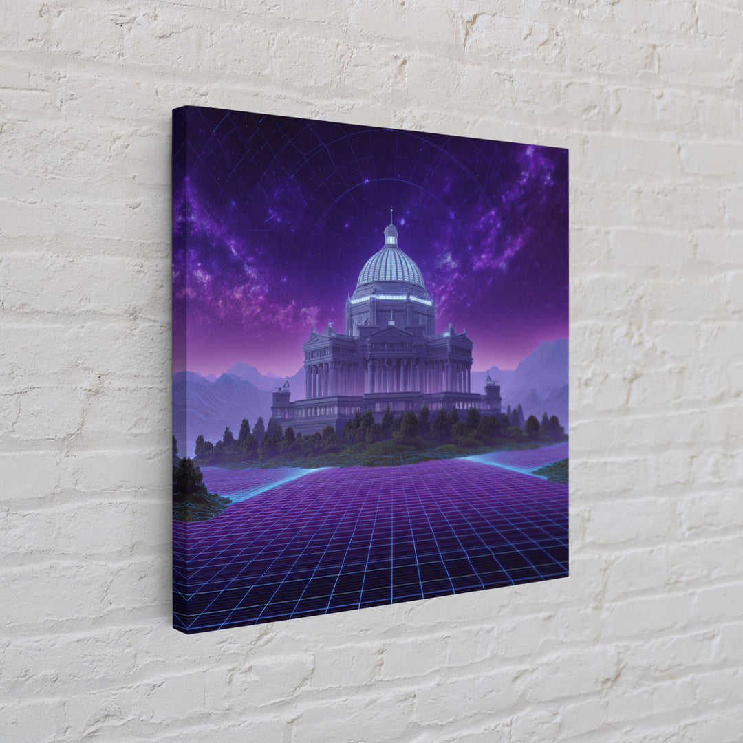 Retro Futuristic Palace Under Stars Wall Art, Neon Sci Fi Cityscape Canvas Print, Cyberpunk Gaming Room Decor