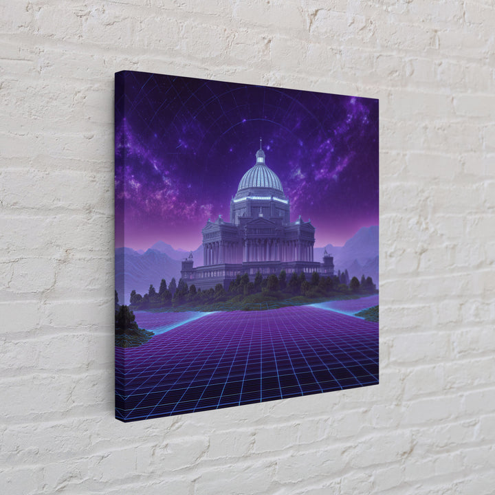 Retro Futuristic Palace Under Stars Wall Art, Neon Sci Fi Cityscape Canvas Print, Cyberpunk Gaming Room Decor