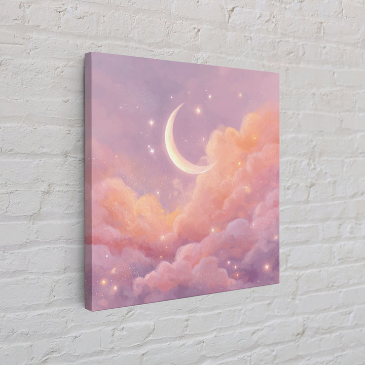 Soft Crescent Moon In Peach Clouds Canvas Print, Celestial Wall Art, Romantic Bedroom Decor, Calming Nursery Art, Cozy Wall Decor