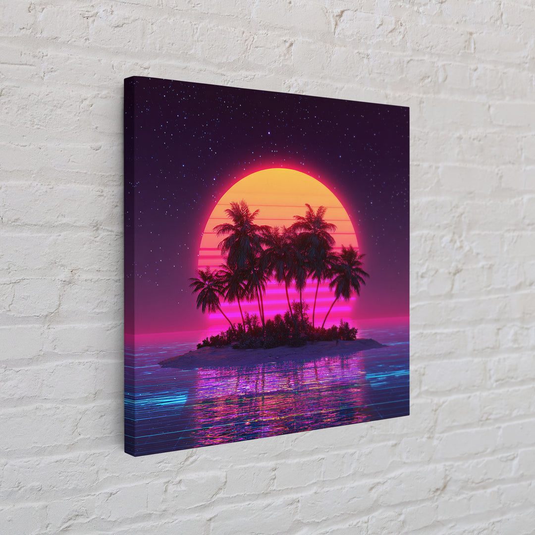 Retro Vaporwave Palm Island Wall Art, Neon Ocean Sunset Canvas Print, Aesthetic 80s Coastal Decor, Gaming Room Modern Wall Art