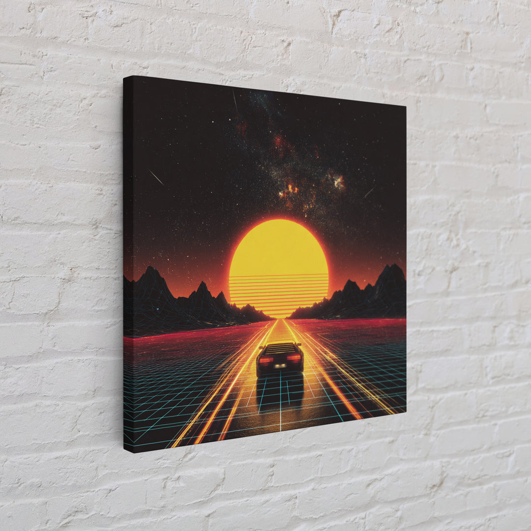 Retro Futuristic Car Road To Giant Neon Sun Wall Art, Synthwave Grid Landscape Canvas Print