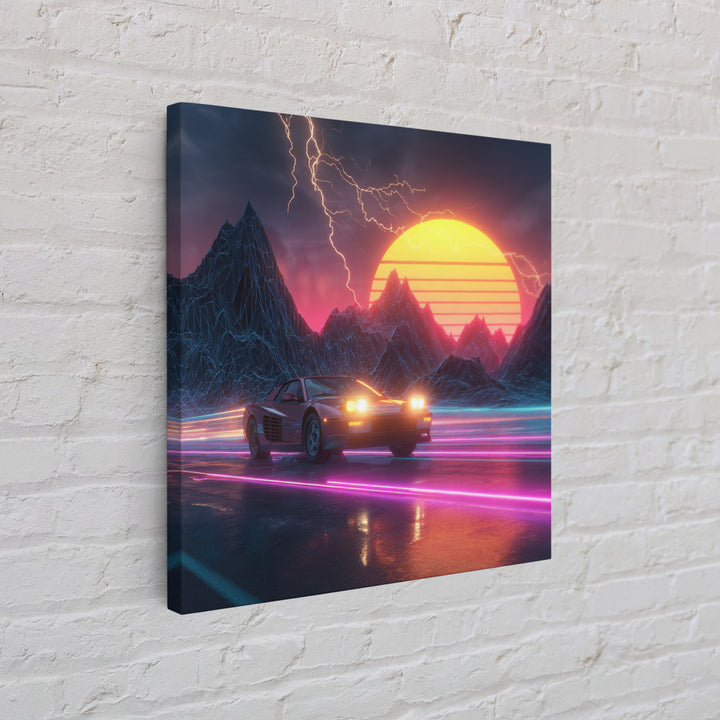 Retro Sports Car In Neon Sunset Mountains Wall Art, Cyberpunk Cityscape Canvas Print, Futuristic Gaming Room Decor