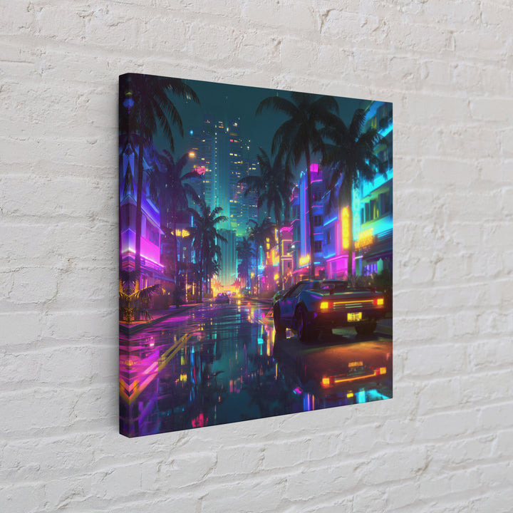 Neon Retro Futuristic City Street Wall Art, Cyberpunk Car Night Cityscape Print, Gaming Room Decor Canvas Print