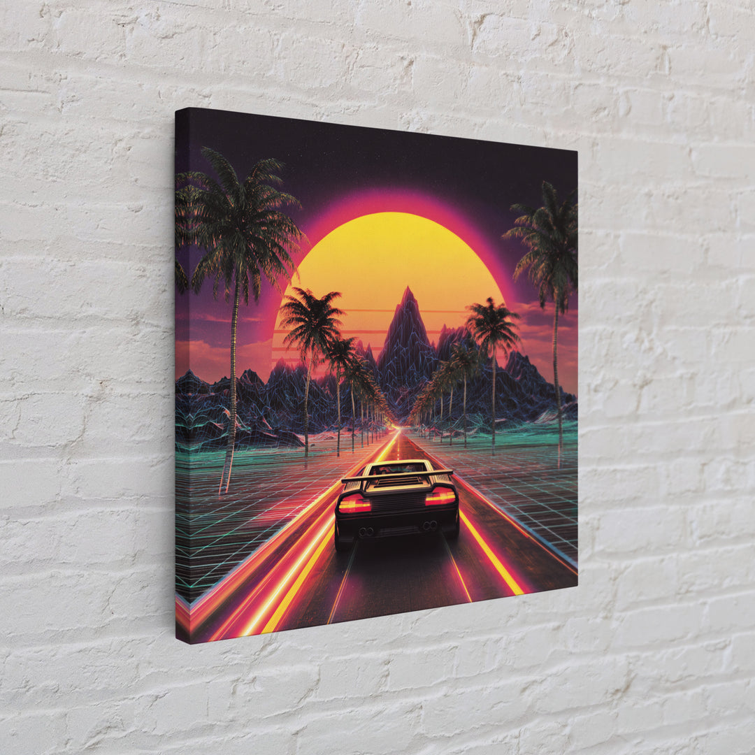 Retro Synthwave Sunset Car Wall Art Canvas Print, Neon Cityscape Art, 80s Vaporwave Decor, Gaming Room Wall Art