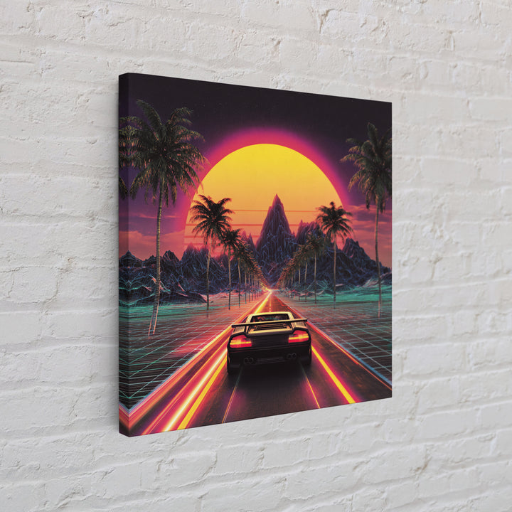 Retro Synthwave Sunset Car Wall Art Canvas Print, Neon Cityscape Art, 80s Vaporwave Decor, Gaming Room Wall Art