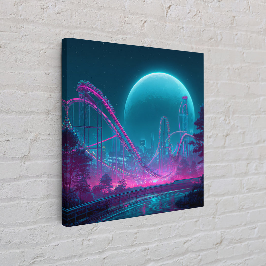 Neon Roller Coaster Under Full Moon Wall Art, Futuristic Night Amusement Park Canvas Print, Cyberpunk Gaming Decor