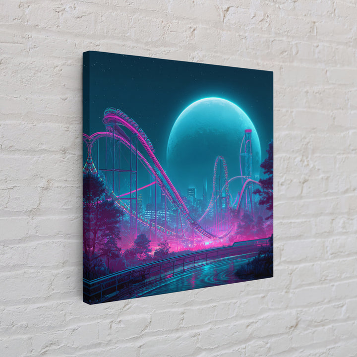 Neon Roller Coaster Under Full Moon Wall Art, Futuristic Night Amusement Park Canvas Print, Cyberpunk Gaming Decor