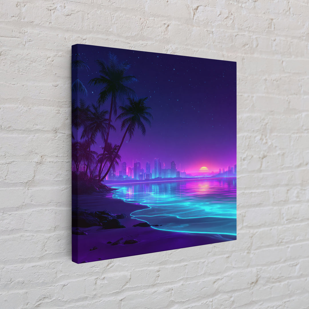 Neon City Beach Sunset Wall Art, Retro Futuristic Coastal Landscape Canvas Print, Modern Coastal Home Decor