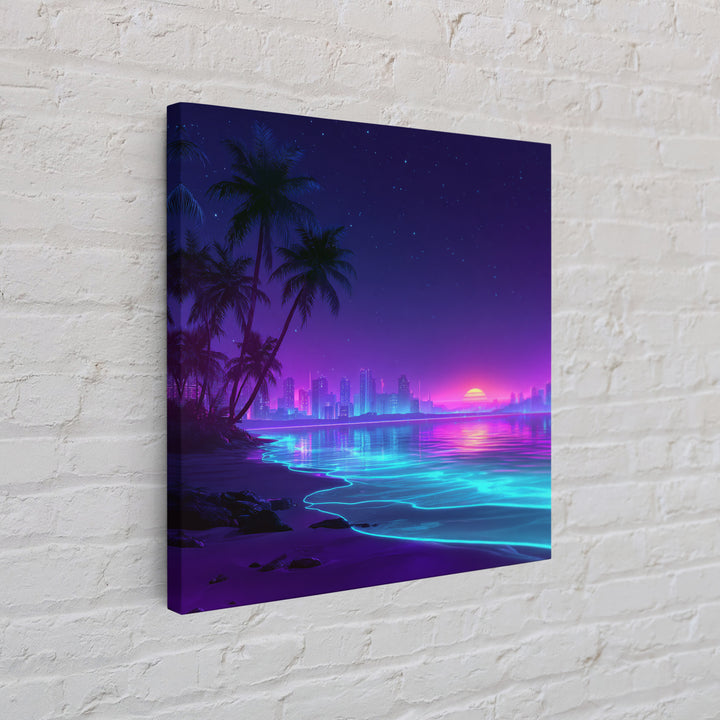 Neon City Beach Sunset Wall Art, Retro Futuristic Coastal Landscape Canvas Print, Modern Coastal Home Decor