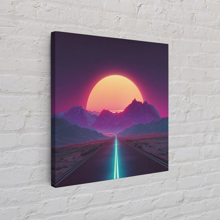 Neon Sunset Mountain Road Wall Art, Retro Futuristic Landscape Canvas Print, Cyberpunk Space Art For Gaming Room And Modern Home Decor