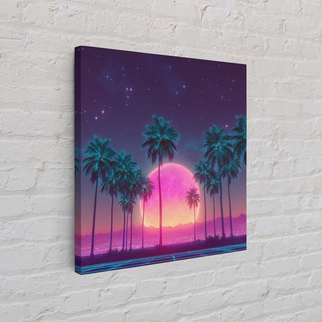 Vibrant Neon Cityscape With Palm Trees And Pink Moon Night Sky Futuristic Wall Art Framed Canvas Print For Living Room