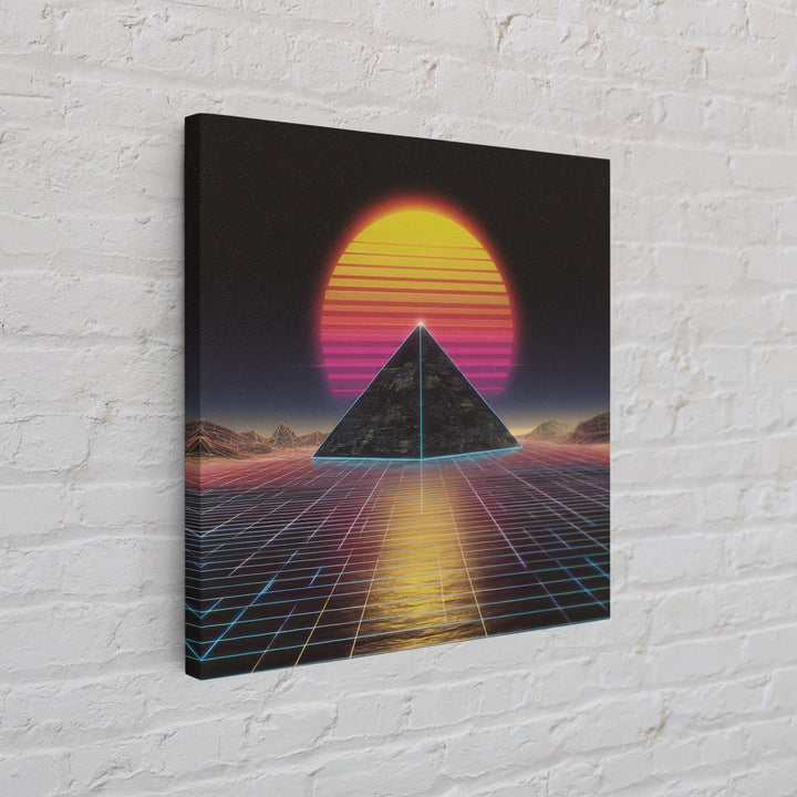 Retro Synthwave Pyramid Sunset Wall Art, Neon Grid Landscape Canvas Print, 80s Aesthetic Home Decor, Sci Fi Poster