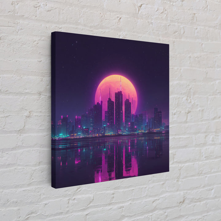 Neon Moon Over Futuristic City Skyline Wall Art, Cyberpunk Night Cityscape Print, Modern Gaming Room Canvas Print
