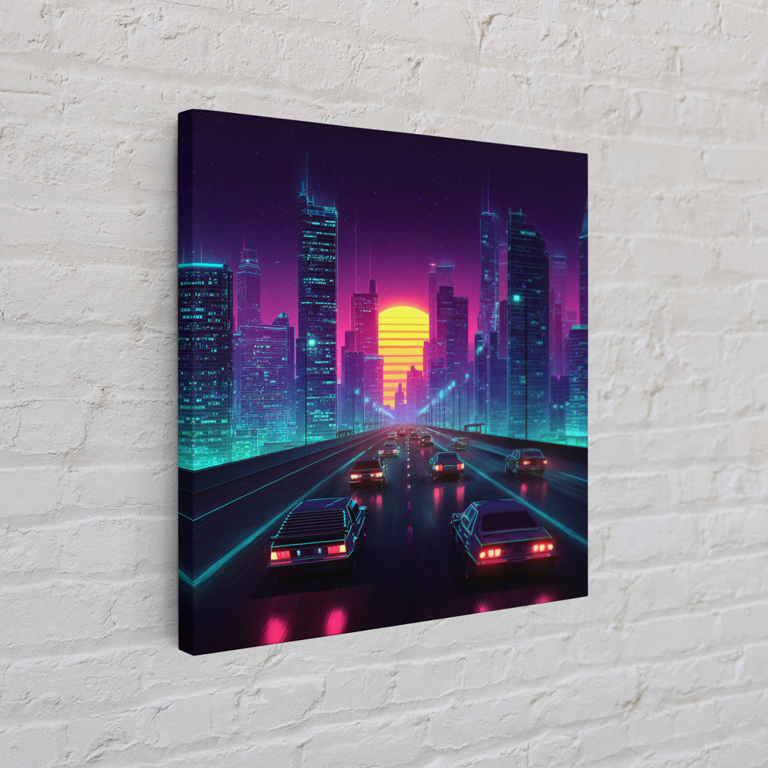 Neon Retro Highway Cityscape Wall Art, Futuristic Synthwave Sunset Canvas Print, Cyberpunk City Modern Home Decor