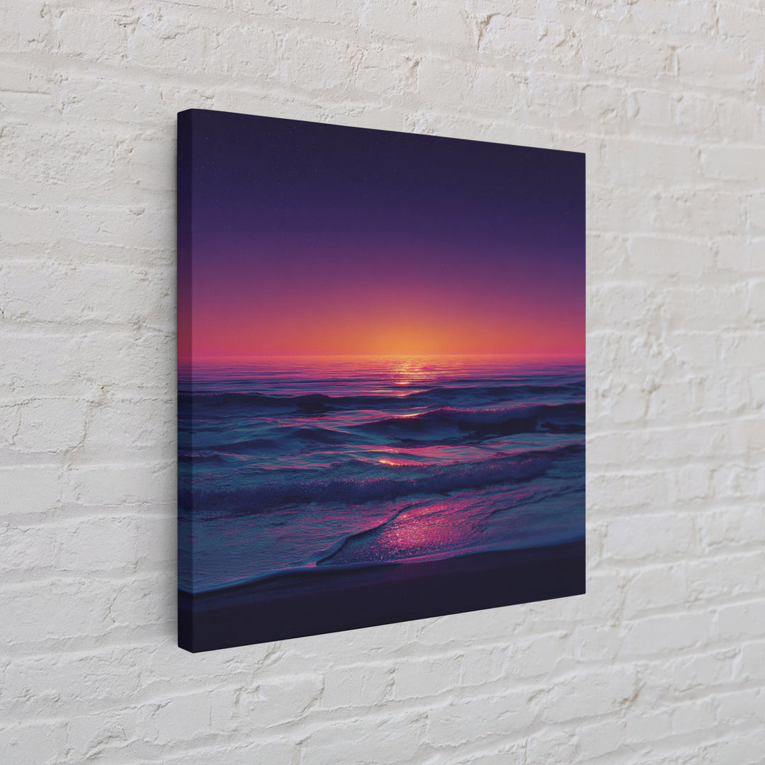 Neon Sunset Over Ocean Waves Wall Art, Colorful Coastal Landscape Print, Modern Beach House Decor Canvas Print