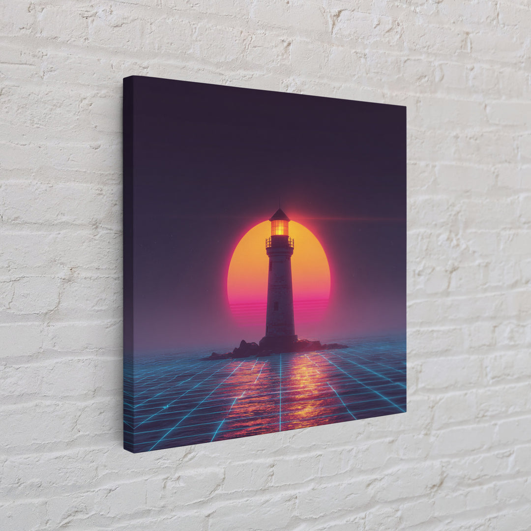 Retro Futuristic Lighthouse Neon Sunset Canvas Print, Synthwave Coastal Wall Art, Vaporwave Ocean Scene For Gaming Room Decor