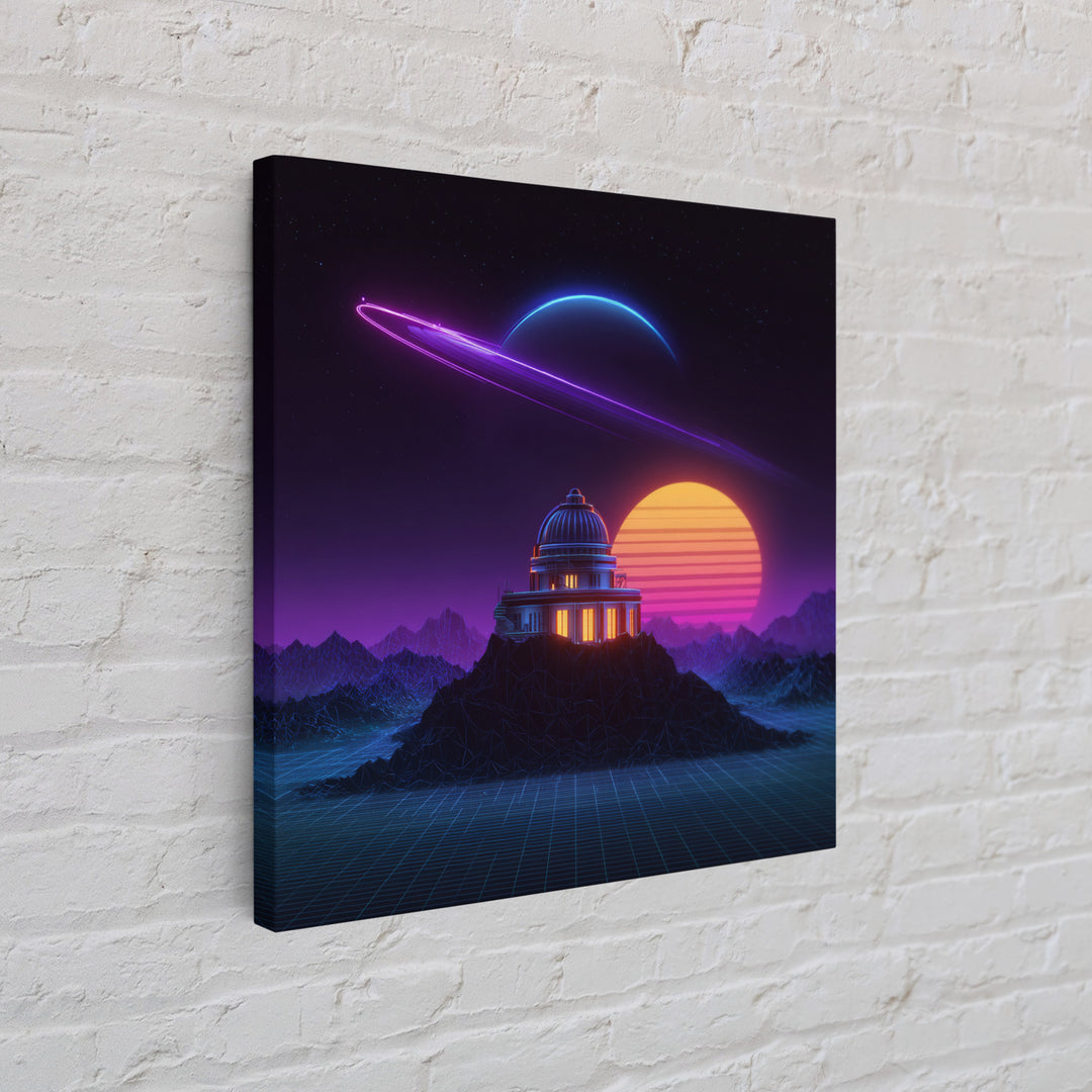 Retro Futuristic Observatory Space Landscape Wall Art, Neon Planet Sci Fi Canvas Print, Vaporwave Decor For Gaming Room