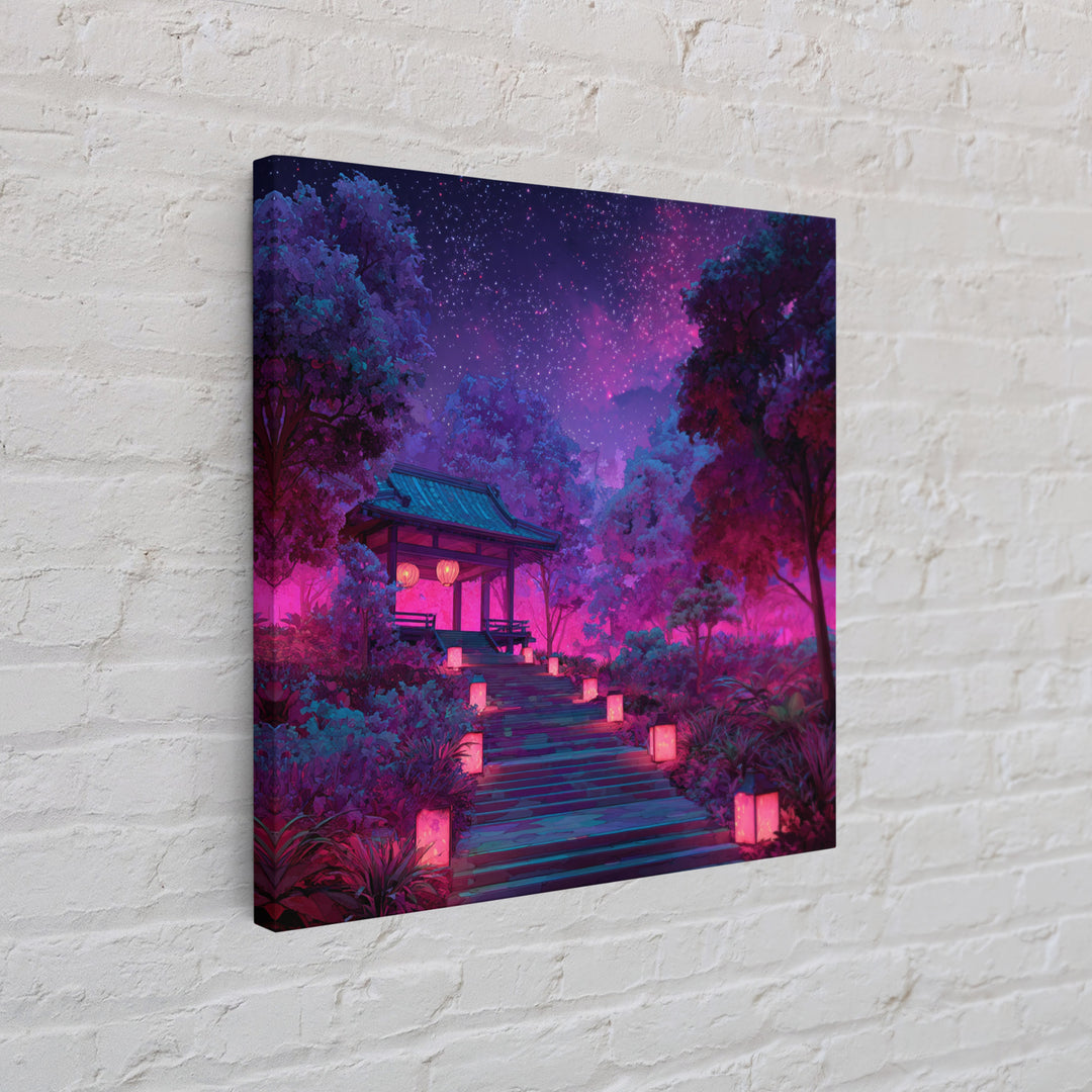 Neon Garden Lantern Path Under Starry Sky Wall Art, Dreamy Japanese Landscape Canvas Print, Aesthetic Room Decor