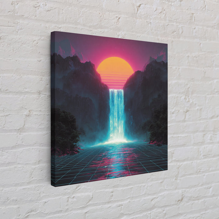 Neon Waterfall Sunset Sci Fi Landscape Wall Art Retro Futuristic Mountain Canvas Print For Gaming Room Modern Home Decor