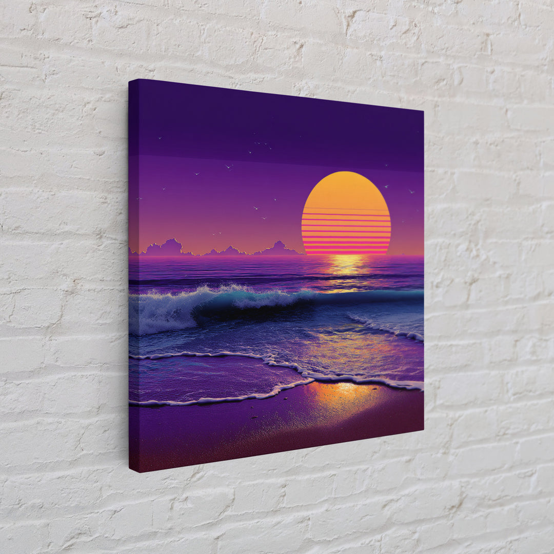 Neon Waves At Dusk Ocean Wall Art, Retro Sunset Beach Print, Vibrant Coastal Home Decor, Synthwave Seascape Living Room Wall Art