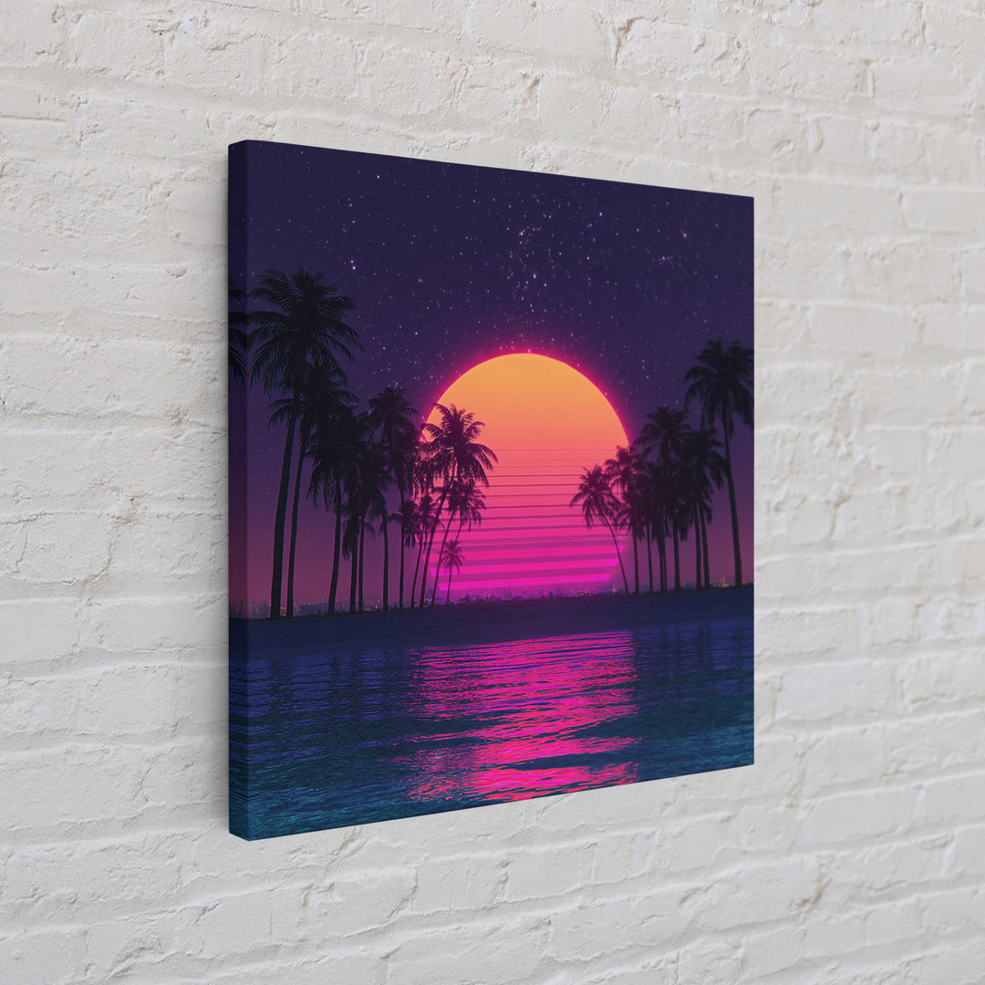 Neon Sunset Palm Tree Beach Canvas Print, Retro Wave Ocean Wall Art, Vibrant Coastal Home Decor, 80s Synthwave Bedroom Art