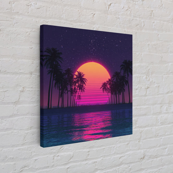 Neon Sunset Palm Tree Beach Canvas Print, Retro Wave Ocean Wall Art, Vibrant Coastal Home Decor, 80s Synthwave Bedroom Art
