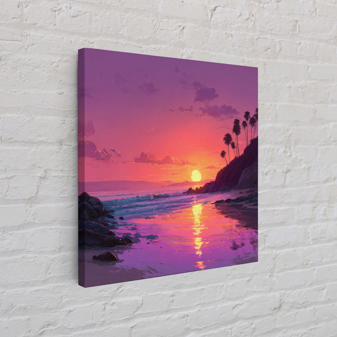 Tropical Sunset Beach Wall Art, Pink Orange Ocean Painting, Coastal Landscape Print, Modern Coastal Decor Framed Canvas Print
