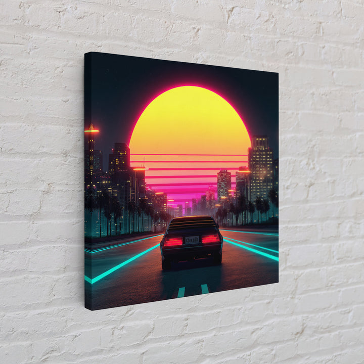 Retro Neon Car Driving Into Sunset Cityscape Wall Art Modern Abstract Framed Canvas Print Home Decor