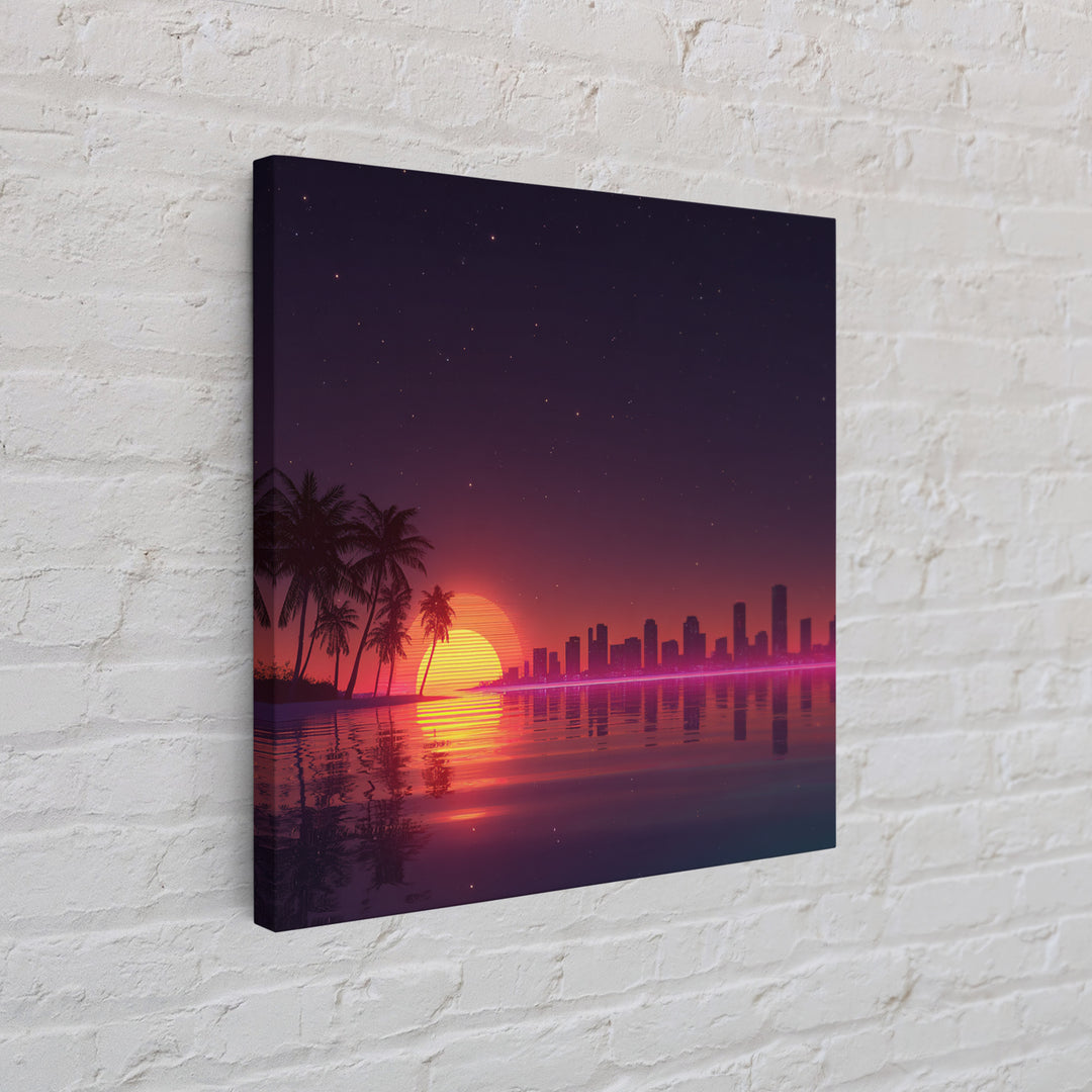 Neon City Skyline Sunset Over Water Retro Coastal Wall Art, Vibrant Nightscape Canvas Print For Modern Home Decor