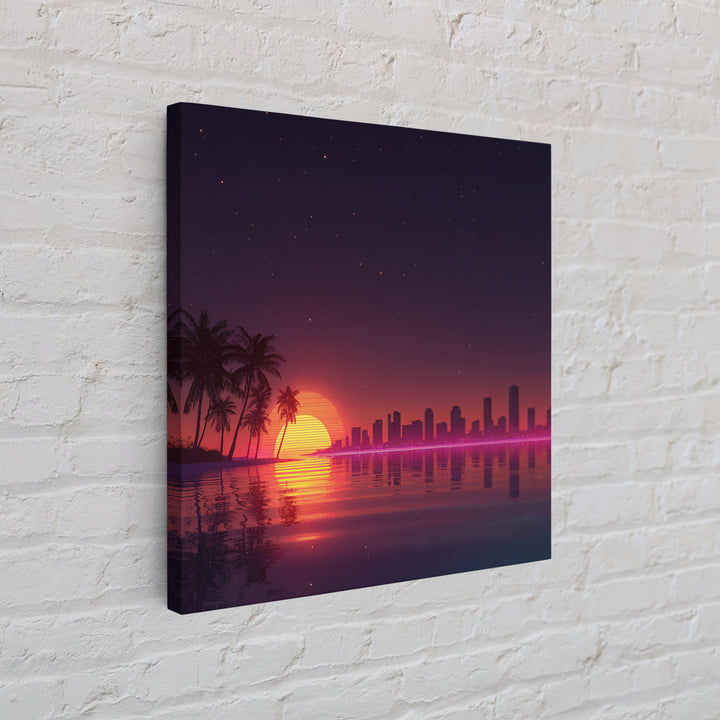 Neon City Skyline Sunset Over Water Retro Coastal Wall Art, Vibrant Nightscape Canvas Print For Modern Home Decor