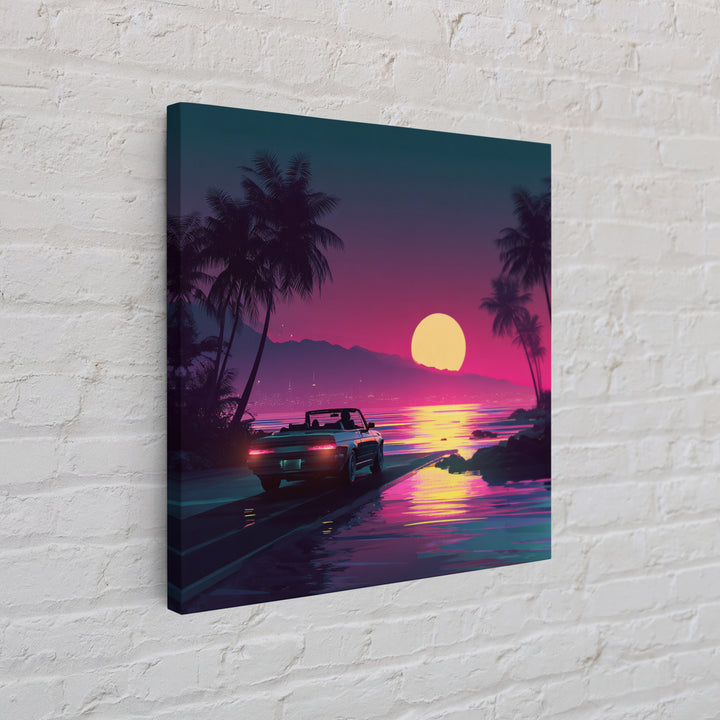 Retro Convertible Driving Into Neon Sunset Wall Art, 80s Aesthetic Beach Road Canvas Print, Vaporwave Room Decor