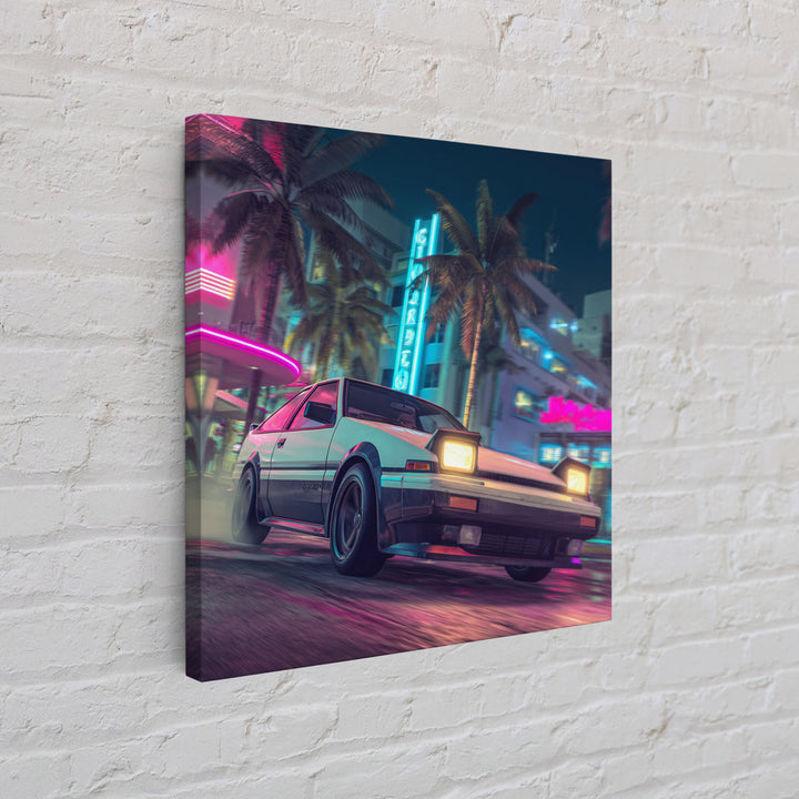 Retro Night City Car Wall Art, Neon Cyberpunk Street Canvas Print, Futuristic Cityscape Art, Gaming Room Decor Poster