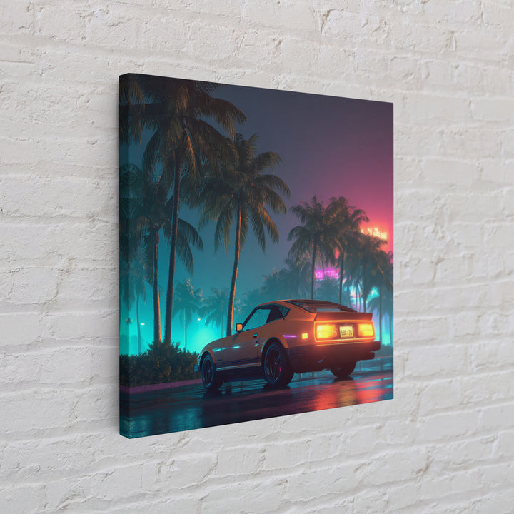 Retro Night Drive Wall Art, Neon Palm Street With Classic Car Canvas Print, Vaporwave Aesthetic Decor