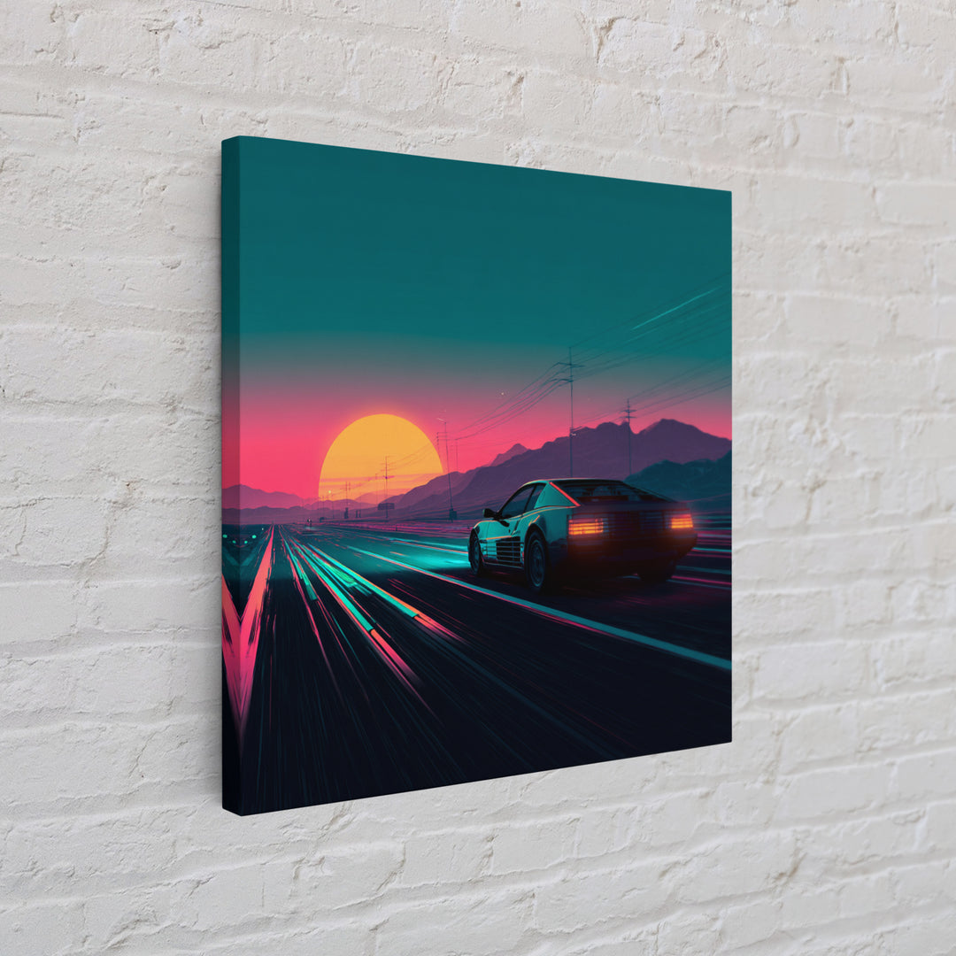 Retro Sports Car At Neon Sunset Highway Canvas Print, Vaporwave Wall Art, Cyberpunk Room Decor, Futuristic Landscape Poster