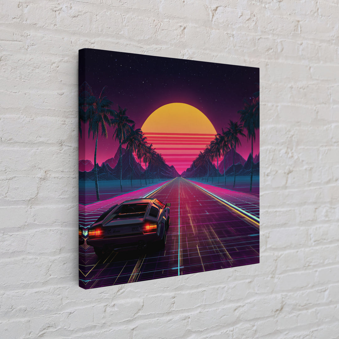 Retro Synthwave Car Driving Into Neon Sunset Wall Art, 80s Vaporwave Palm Road Aesthetic Canvas Print
