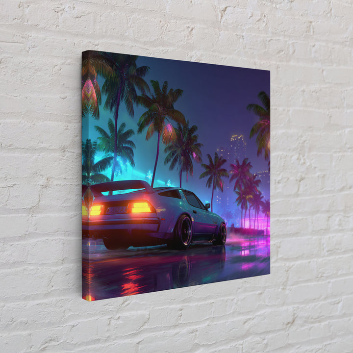 Neon Sports Car Palm Tree Night Wall Art, Retro Coastal City Canvas Print, Cyberpunk Beach Aesthetic Room Decor