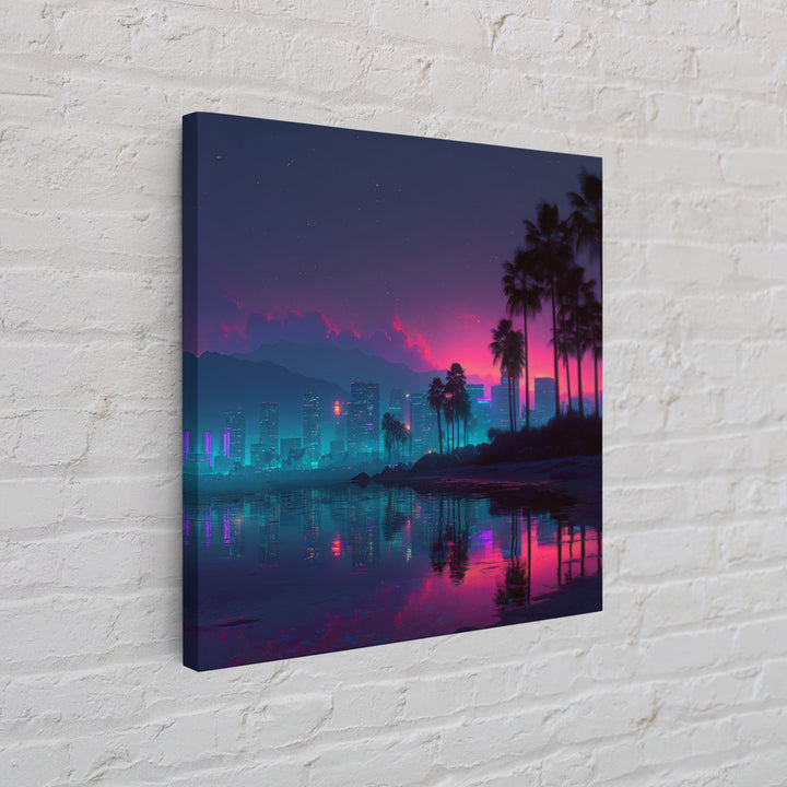 Neon City Beach Sunset Canvas Print, Retro Futuristic Coastal Wall Art, Vaporwave Room Decor Modern Living Room Wall Art