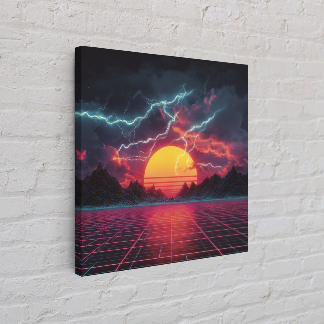 Retro Futuristic Sunset Lightning Landscape Wall Art Neon Grid Sci Fi Canvas Print Gaming Room Decor