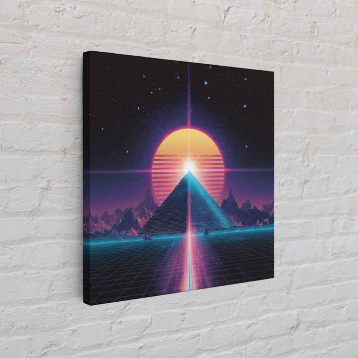 Retro Synthwave Pyramid And Sun Wall Art, Neon 80s Sci Fi Landscape, Vaporwave Gaming Room Decor, Framed Canvas Print