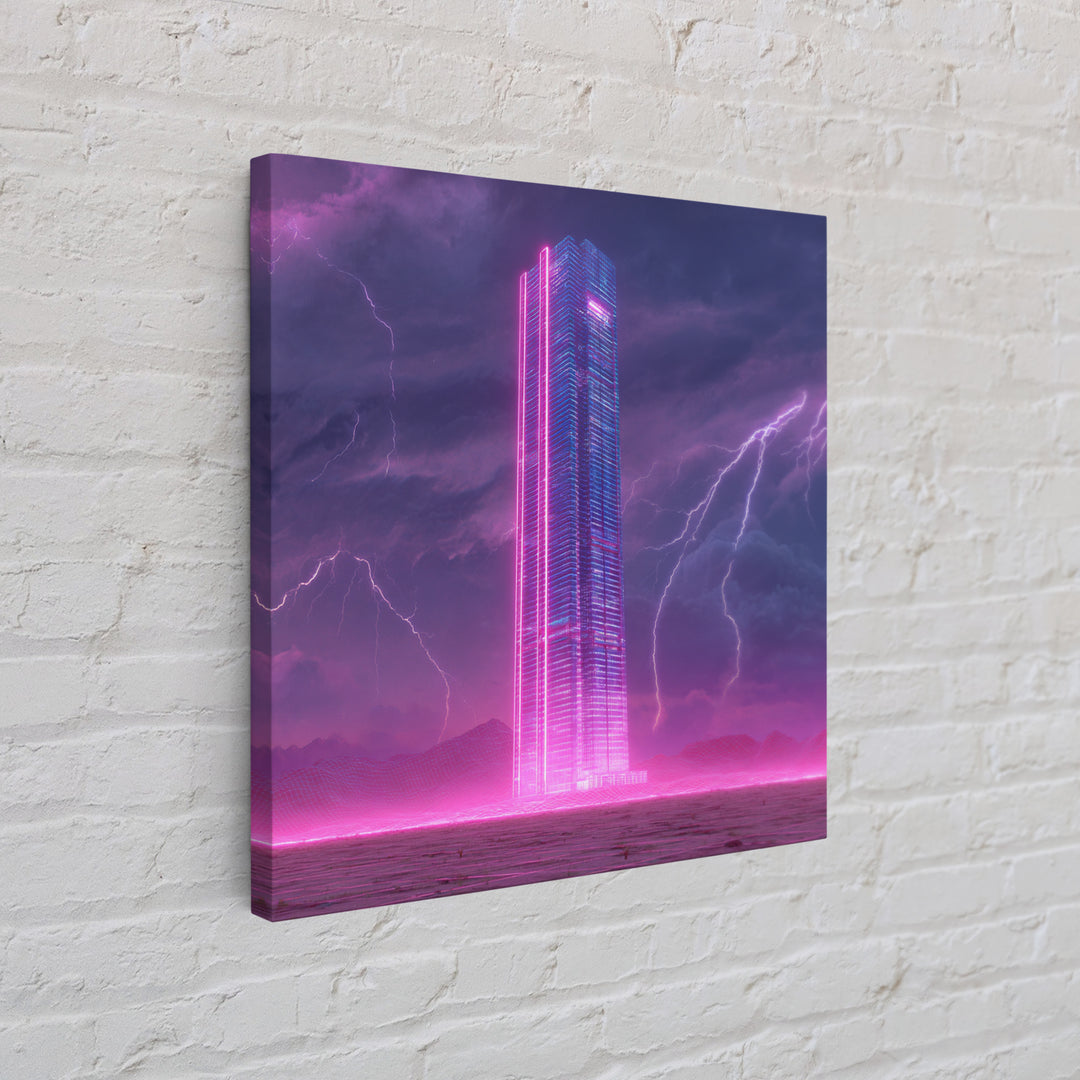 Neon Skyscraper In Storm Futuristic Wall Art, Cyberpunk Cityscape Painting, Sci Fi Modern Art Print, Gaming Room Canvas Print