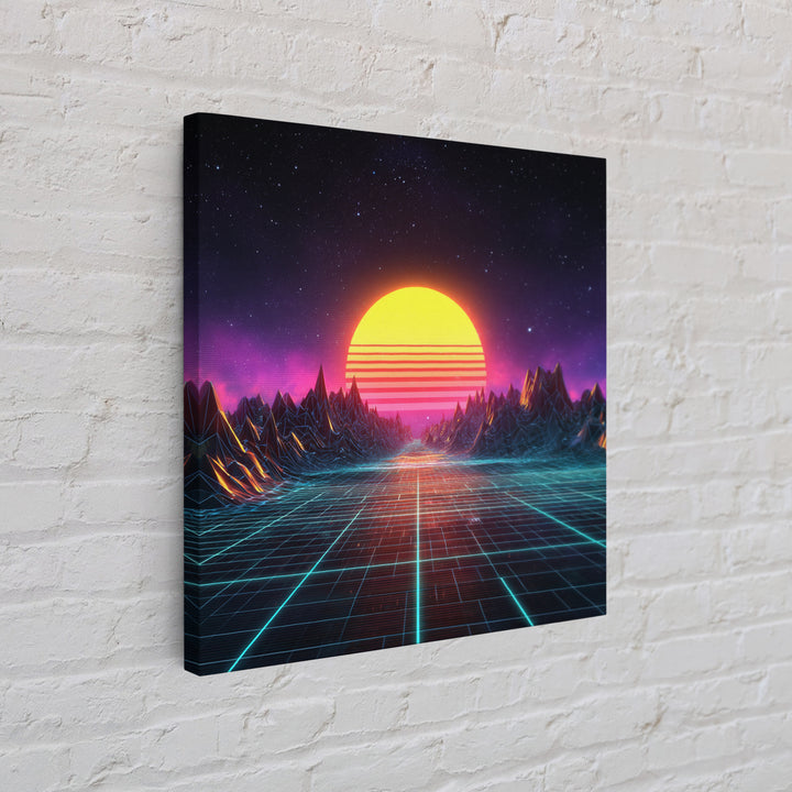 Retro Synthwave Sunset Landscape Canvas Print, Neon Cyberpunk Mountain Road Art, Gaming Room Decor Modern Wall Art