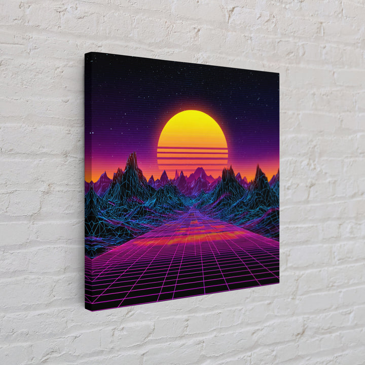 Retro Futuristic Neon Sunset Landscape Wall Art, Synthwave Mountains, 80s Vaporwave Canvas Print Home Decor
