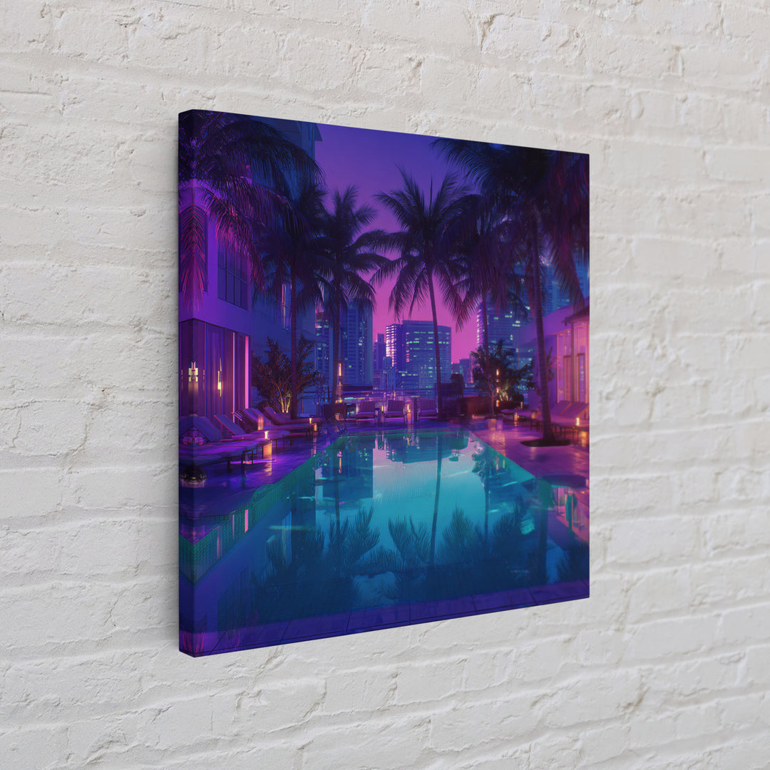 Neon City Rooftop Pool Nightscape Wall Art, Tropical Palm Skyline Print, Modern Urban Apartment Decor Wall Art
