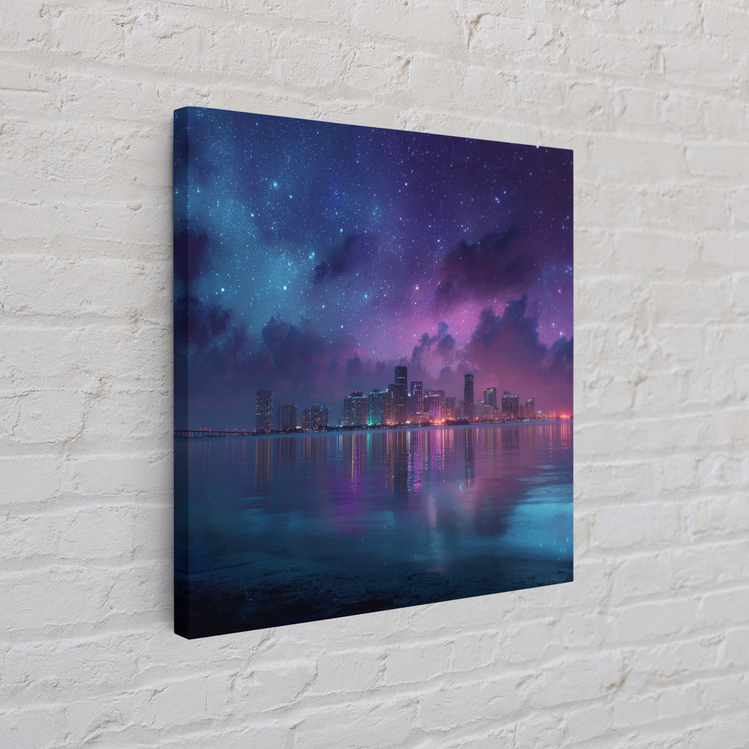 Neon City Skyline Under Starry Night Wall Art, Futuristic Coastal Canvas Print, Modern Apartment Decor