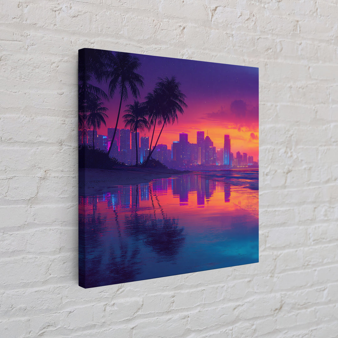 Neon Tropical City Sunset Beach Wall Art, Vibrant Coastal Canvas Print For Modern Living Room Decor And Dorm Aesthetic