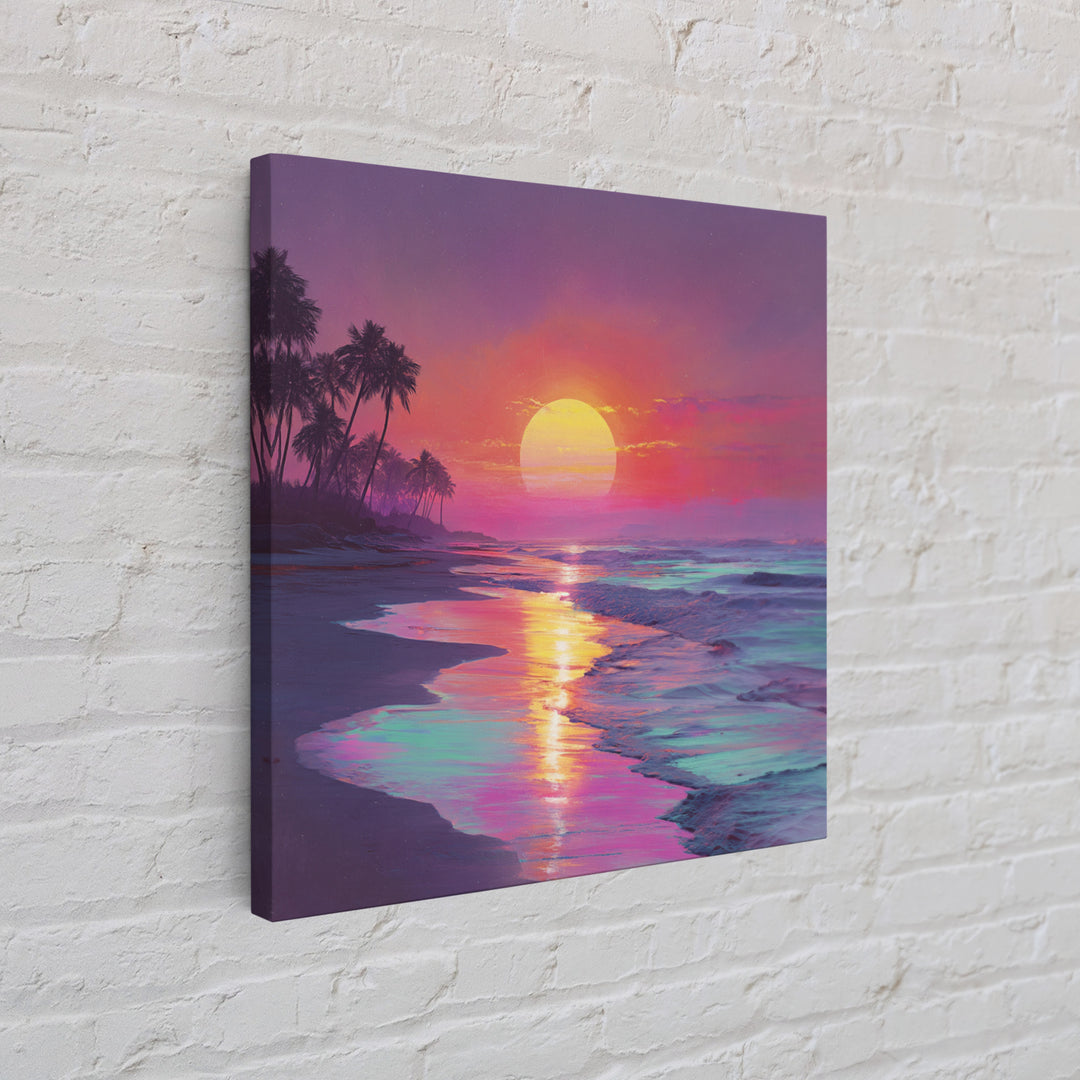 Neon Sunset Beach With Palm Trees Wall Art, Vibrant Coastal Ocean Art Print, Modern Home Decor Living Room Wall Art