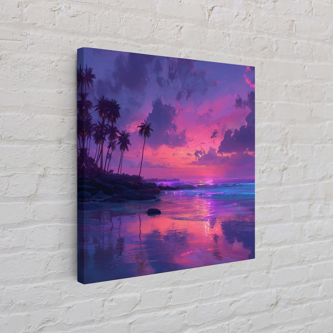 Vibrant Pink And Purple Tropical Seascape Wall Art, Palm Tree Sunset Ocean Landscape Canvas Print Decor