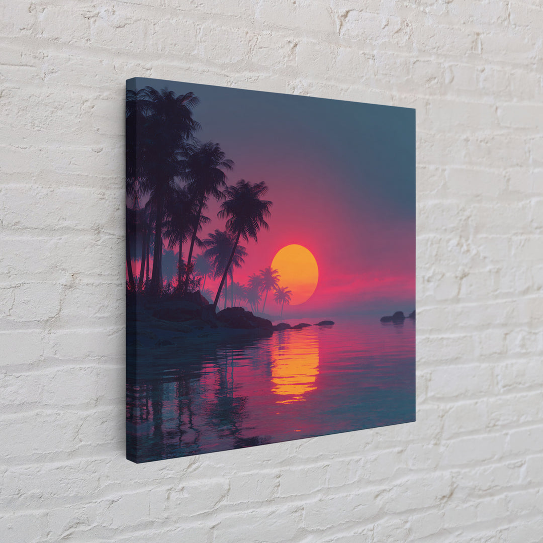 Pink And Teal Tropical Sunset Wall Art, Dreamy Coastal Landscape Canvas Print, Beach House Decor, Modern Ocean Painting